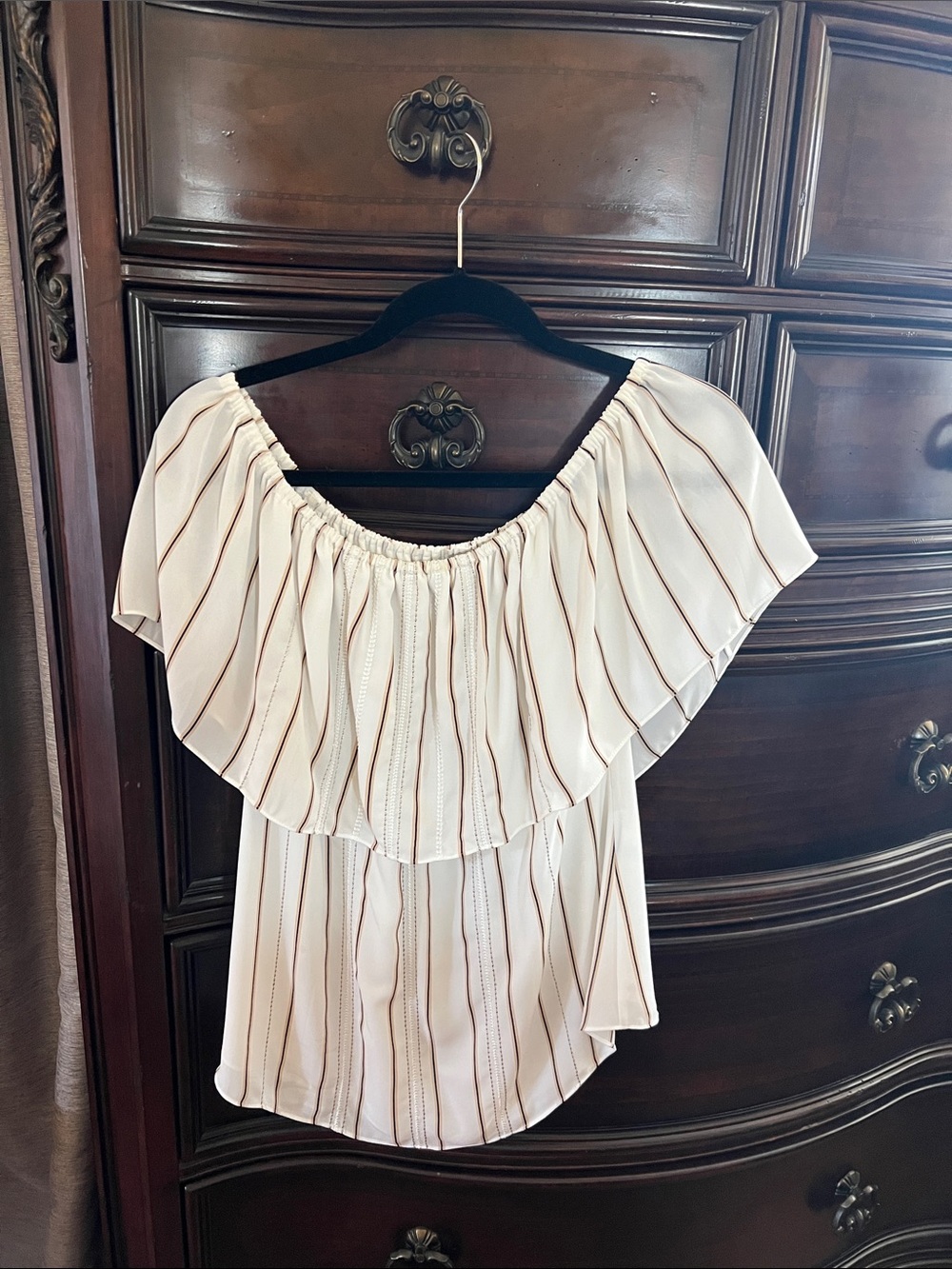 White House Black Market Cream Off-Shoulder Striped Ruffle Top